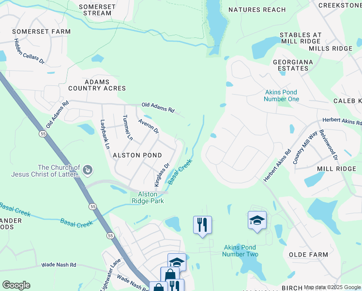 map of restaurants, bars, coffee shops, grocery stores, and more near 2608 Kinglass Drive in Fuquay-Varina
