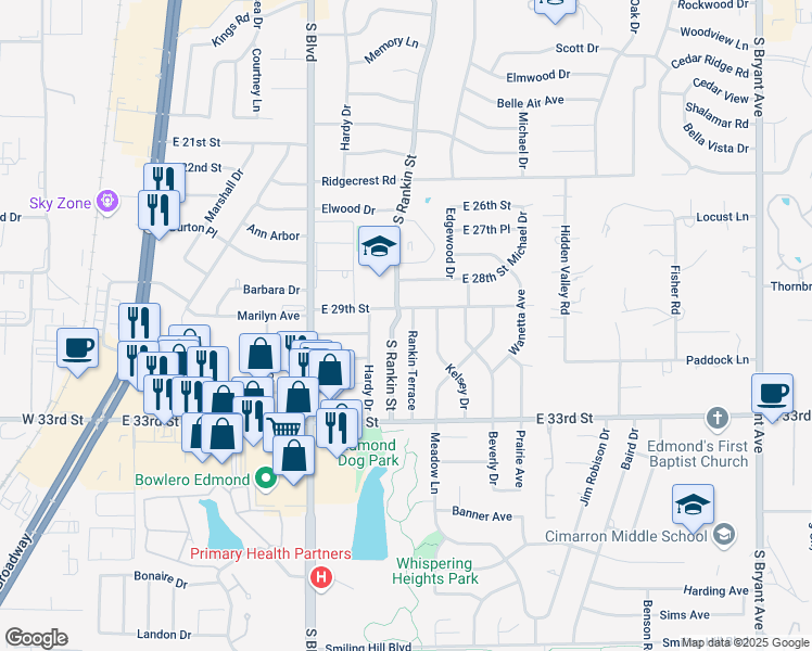 map of restaurants, bars, coffee shops, grocery stores, and more near 2909 Rankin Terrace in Edmond