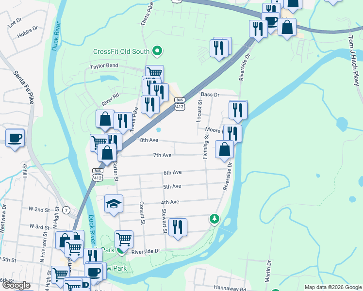 map of restaurants, bars, coffee shops, grocery stores, and more near 302 8th Avenue in Columbia