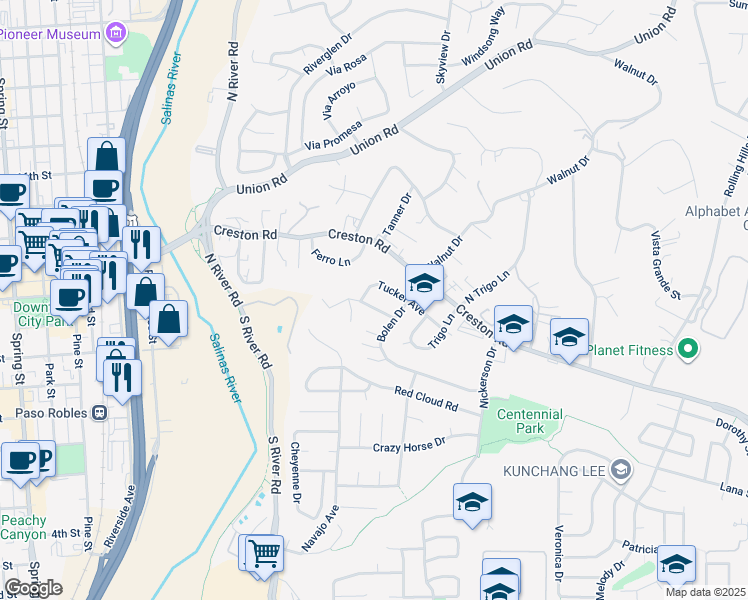 map of restaurants, bars, coffee shops, grocery stores, and more near 608 Moss Avenue in Paso Robles