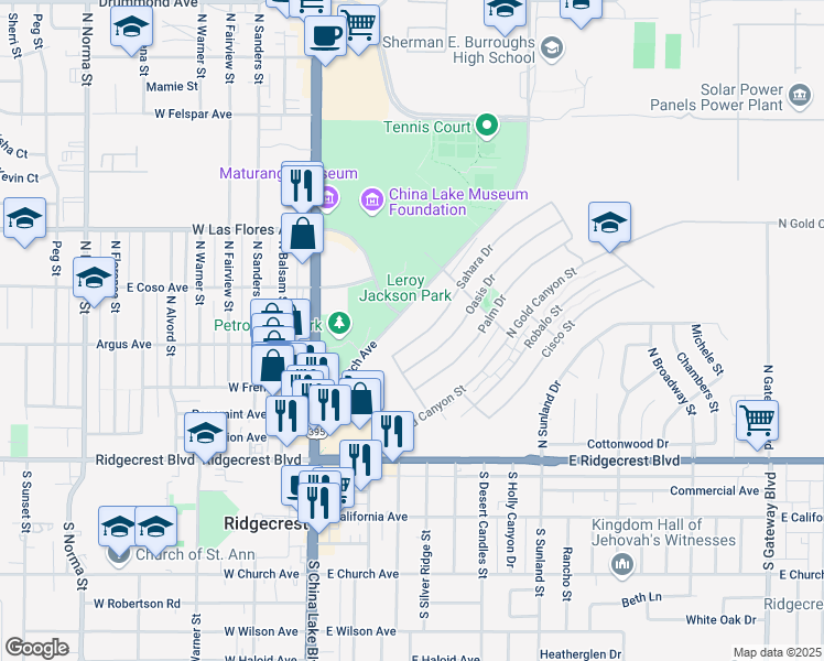 map of restaurants, bars, coffee shops, grocery stores, and more near 233 Sahara Drive in Ridgecrest