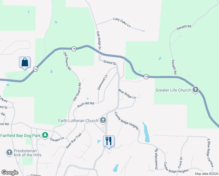 map of restaurants, bars, coffee shops, grocery stores, and more near 123 Rock Hill Road in Fairfield Bay