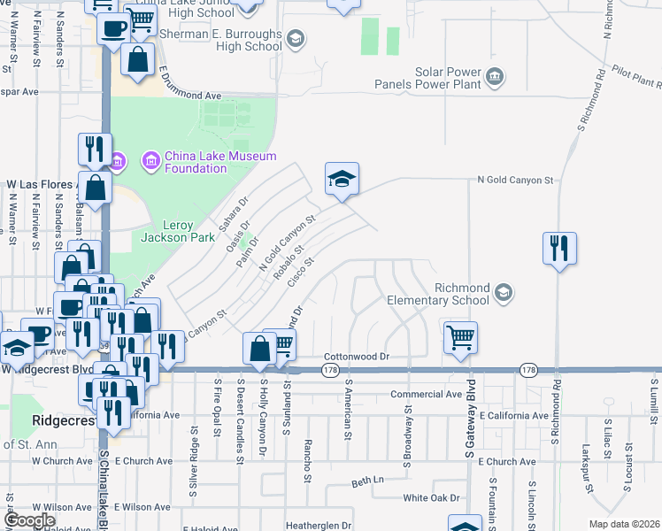 map of restaurants, bars, coffee shops, grocery stores, and more near 244 Apache Lane in Ridgecrest