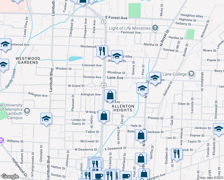 map of restaurants, bars, coffee shops, grocery stores, and more near 121 Otis Street in Jackson