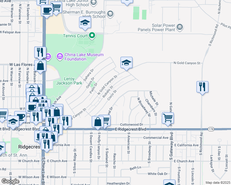 map of restaurants, bars, coffee shops, grocery stores, and more near 408 Cisco Street in Ridgecrest