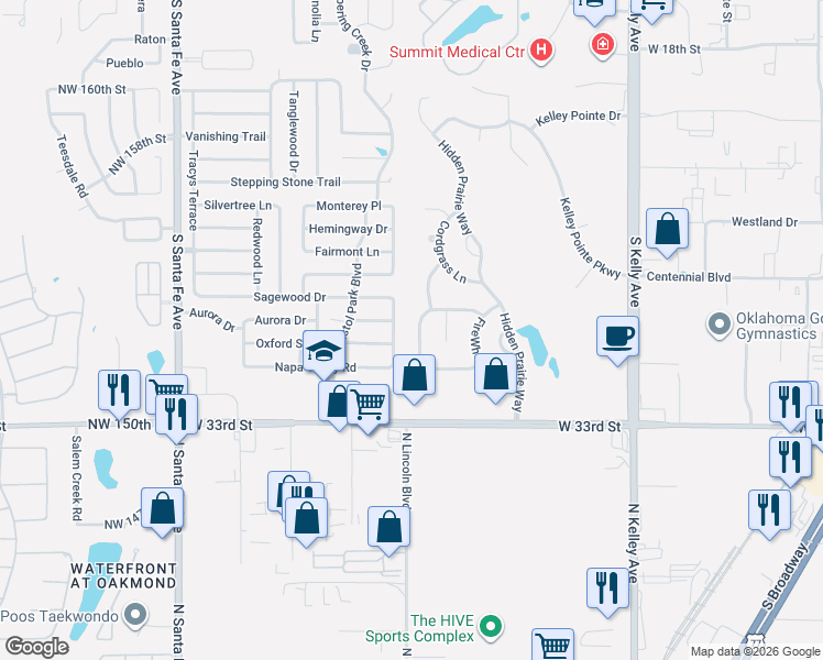 map of restaurants, bars, coffee shops, grocery stores, and more near 2917 Marigold Lane in Edmond