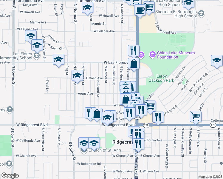 map of restaurants, bars, coffee shops, grocery stores, and more near 305 North Fairview Street in Ridgecrest