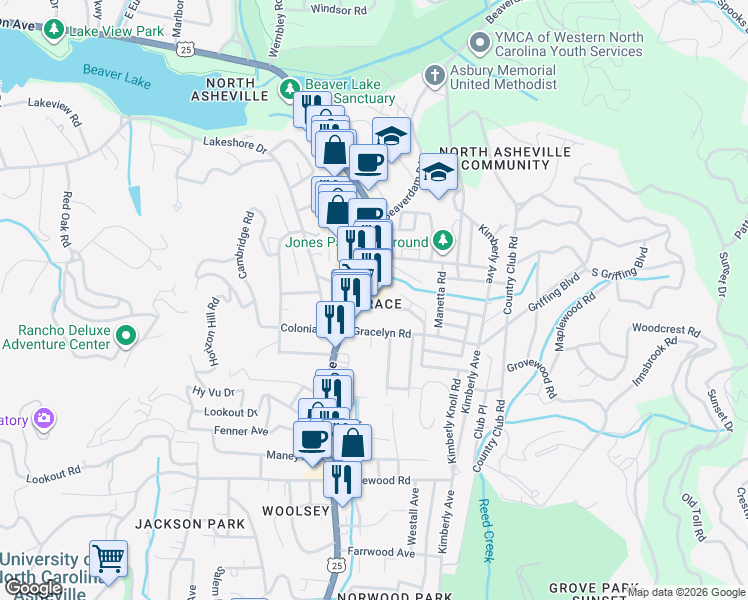 map of restaurants, bars, coffee shops, grocery stores, and more near 825c Merrimon Avenue in Asheville