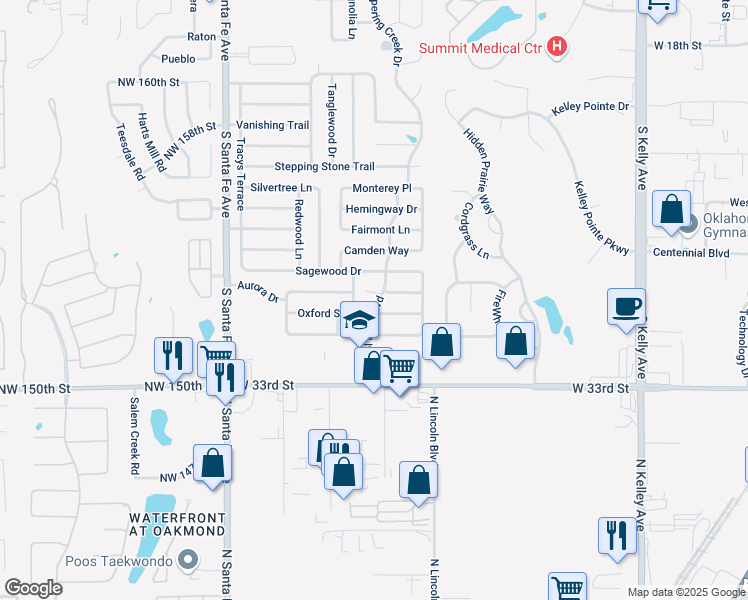 map of restaurants, bars, coffee shops, grocery stores, and more near 2817 Bristol Park Boulevard in Edmond