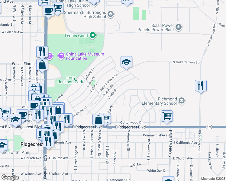 map of restaurants, bars, coffee shops, grocery stores, and more near 408 Cisco Street in Ridgecrest