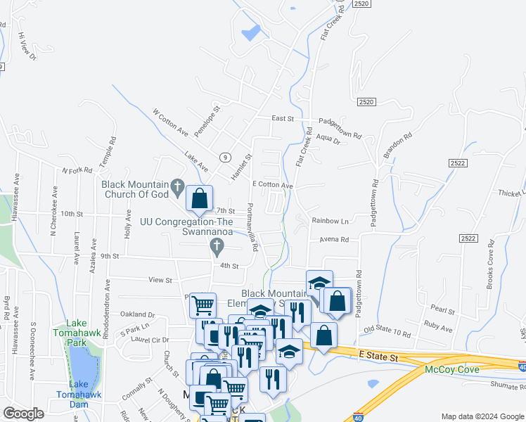 map of restaurants, bars, coffee shops, grocery stores, and more near 23 Cotton Creek Circle in Black Mountain