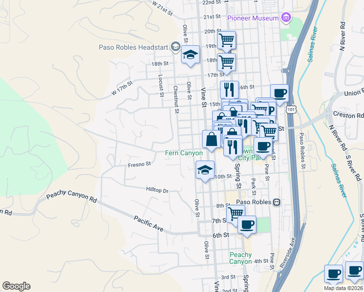map of restaurants, bars, coffee shops, grocery stores, and more near 1222 Chestnut Street in Paso Robles
