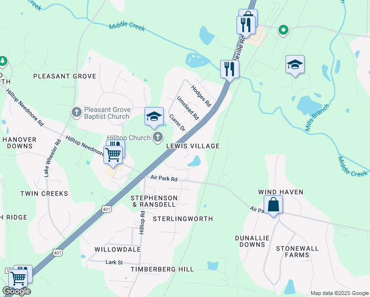 map of restaurants, bars, coffee shops, grocery stores, and more near Stephens Pond Drive in Fuquay-Varina