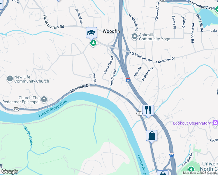 map of restaurants, bars, coffee shops, grocery stores, and more near 1045 Riverside Drive in Woodfin