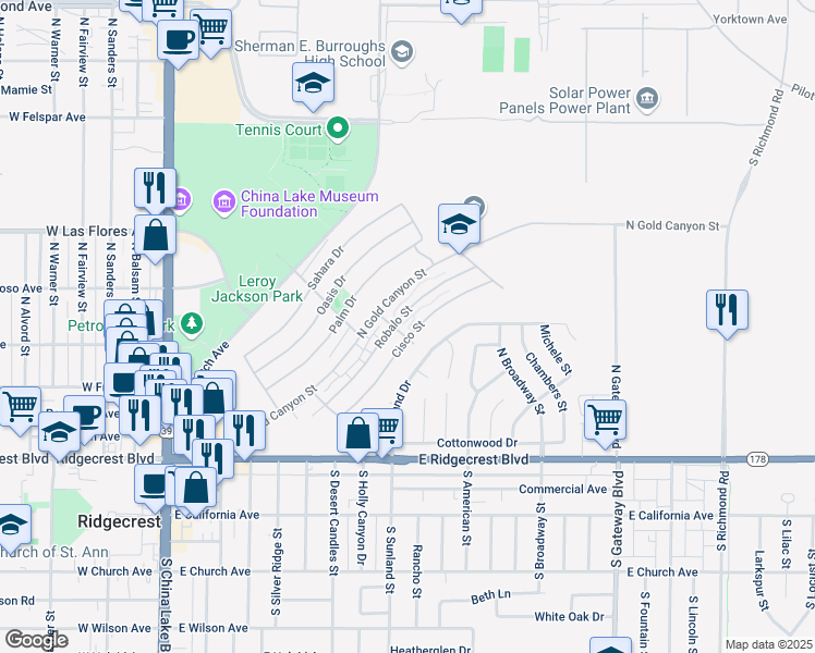 map of restaurants, bars, coffee shops, grocery stores, and more near 401 Cisco Street in Ridgecrest