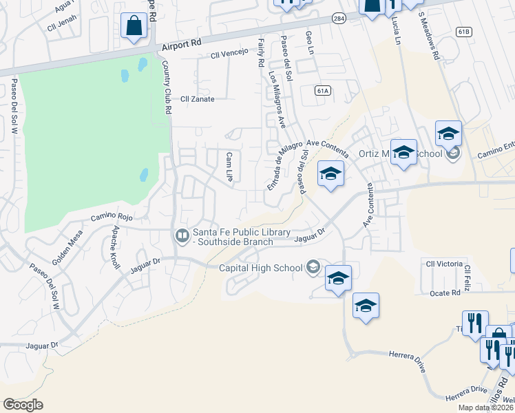 map of restaurants, bars, coffee shops, grocery stores, and more near 6340 Avenida Chamisa in Santa Fe