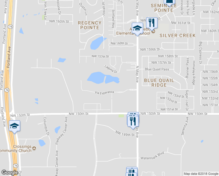 map of restaurants, bars, coffee shops, grocery stores, and more near 3101 Via Esperanza in Edmond