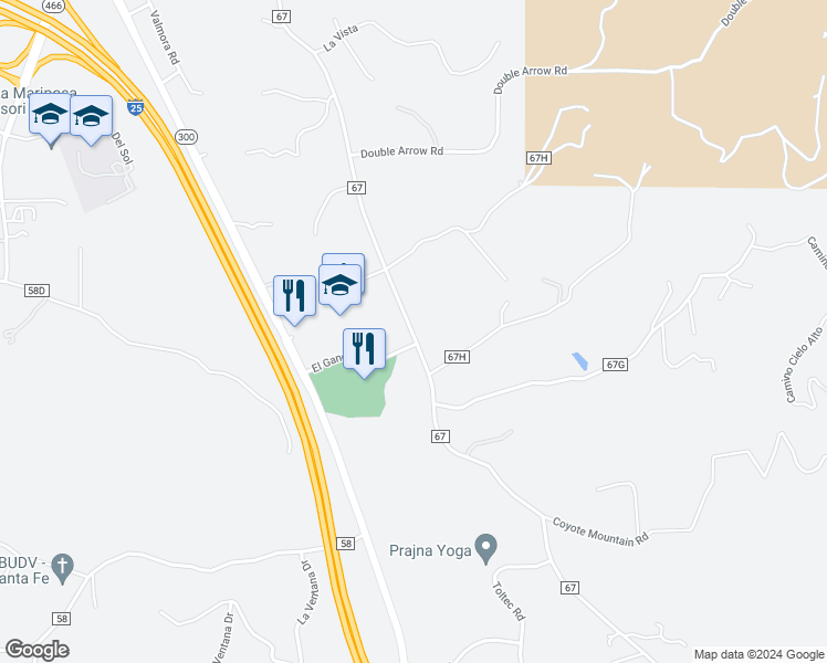 map of restaurants, bars, coffee shops, grocery stores, and more near 7325 Old Santa Fe Trail in Santa Fe