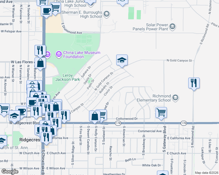 map of restaurants, bars, coffee shops, grocery stores, and more near 408 Cisco Street in Ridgecrest