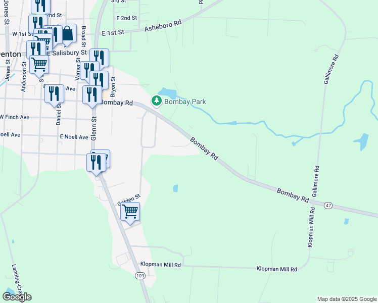 map of restaurants, bars, coffee shops, grocery stores, and more near 572 Bombay Road in Denton