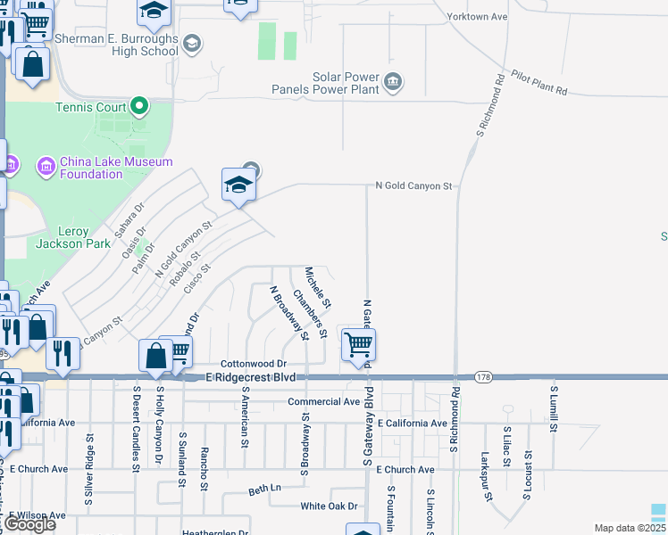 map of restaurants, bars, coffee shops, grocery stores, and more near 232 Richard Court in Ridgecrest