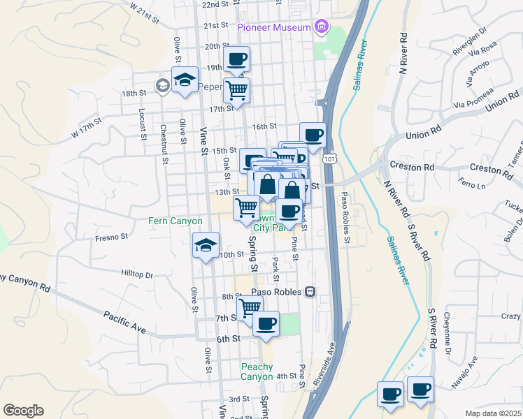 map of restaurants, bars, coffee shops, grocery stores, and more near 729 12th Street in Paso Robles
