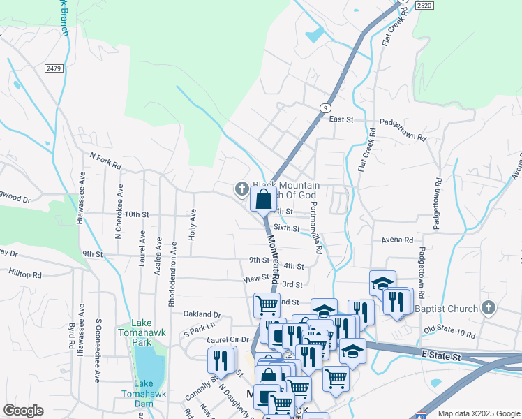 map of restaurants, bars, coffee shops, grocery stores, and more near 700-702 North Carolina 9 in Black Mountain