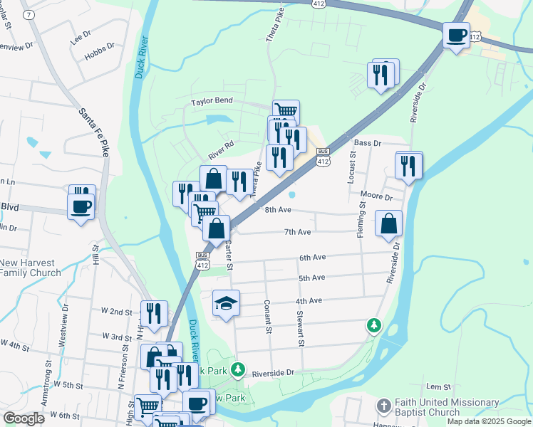 map of restaurants, bars, coffee shops, grocery stores, and more near 740 Nashville Highway in Columbia