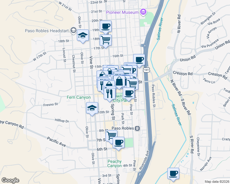map of restaurants, bars, coffee shops, grocery stores, and more near 711 12th Street in Paso Robles
