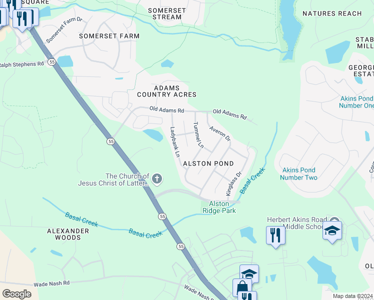 map of restaurants, bars, coffee shops, grocery stores, and more near 2507 Dalmahoy Lane in Fuquay-Varina