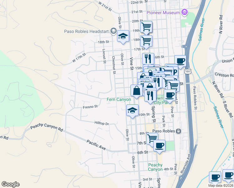 map of restaurants, bars, coffee shops, grocery stores, and more near 1222 Chestnut Street in Paso Robles