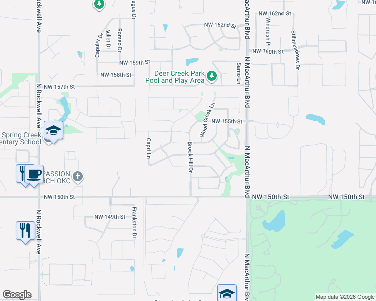 map of restaurants, bars, coffee shops, grocery stores, and more near 6112 Northwest 153rd Street in Edmond