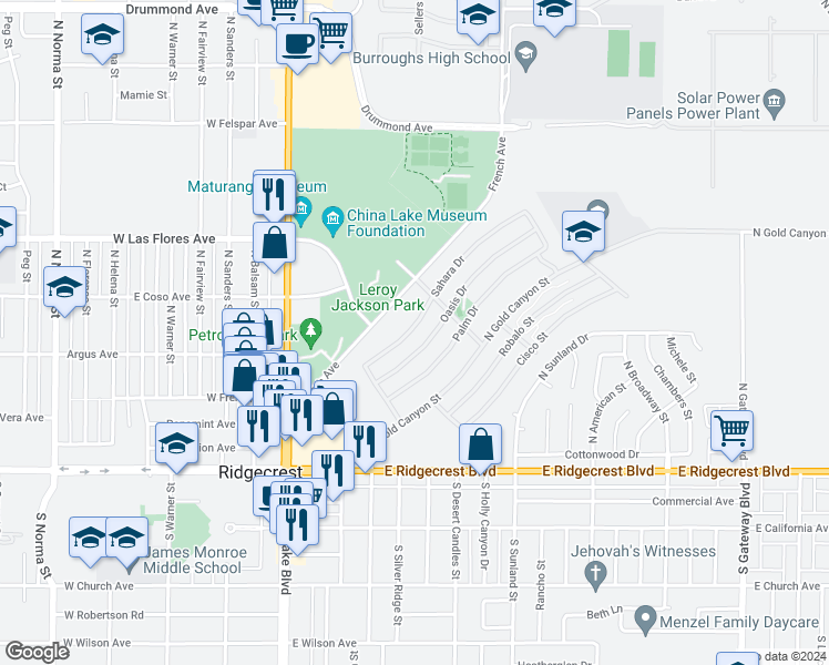 map of restaurants, bars, coffee shops, grocery stores, and more near 300 Sahara Drive in Ridgecrest
