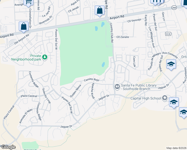 map of restaurants, bars, coffee shops, grocery stores, and more near 6743 Camino Rojo in Santa Fe