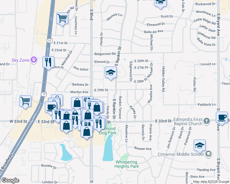 map of restaurants, bars, coffee shops, grocery stores, and more near 2909 Rankin Terrace in Edmond
