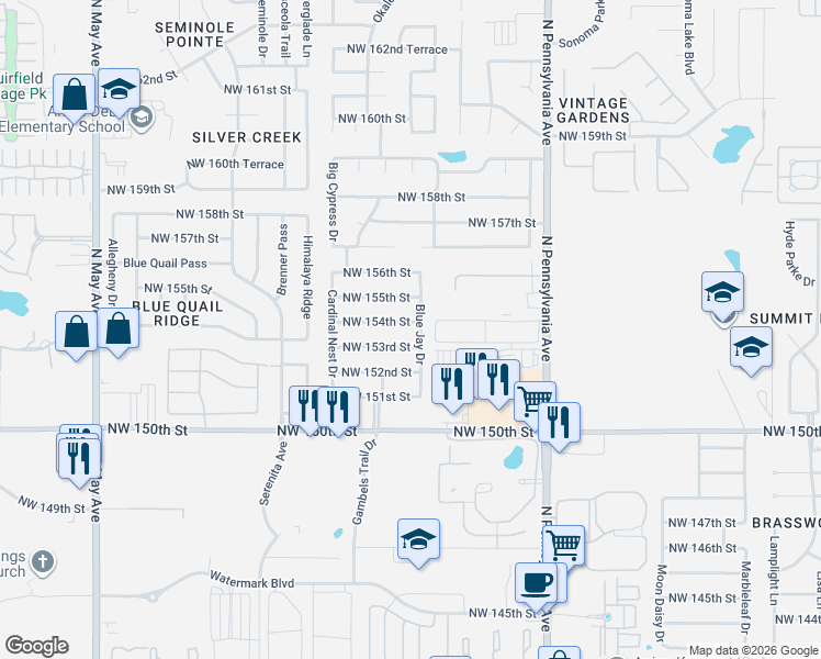 map of restaurants, bars, coffee shops, grocery stores, and more near 2317 Northwest 153rd Street in Edmond