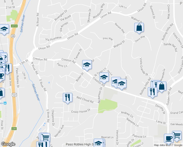 map of restaurants, bars, coffee shops, grocery stores, and more near 710 North Trigo Lane in Paso Robles