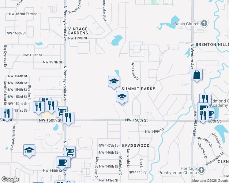 map of restaurants, bars, coffee shops, grocery stores, and more near 1701 Northwest 150th Street in Edmond