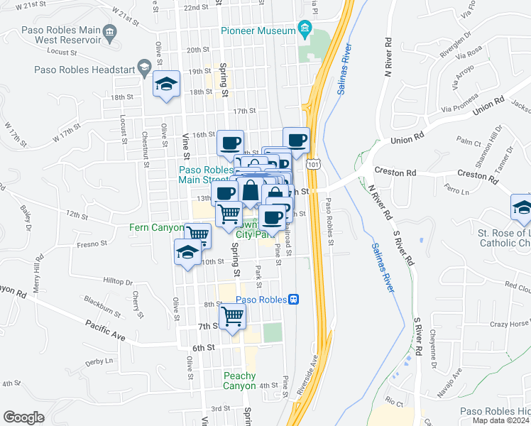 map of restaurants, bars, coffee shops, grocery stores, and more near 835 12th Street in Paso Robles