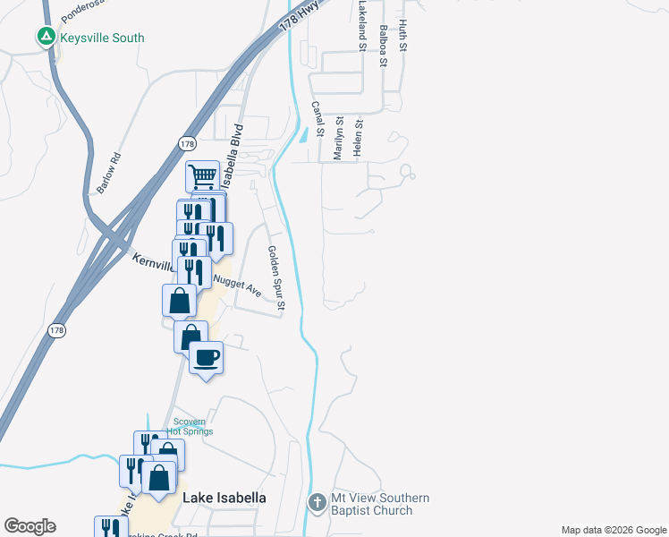 map of restaurants, bars, coffee shops, grocery stores, and more near 3728 Oak Meadow Road in Lake Isabella