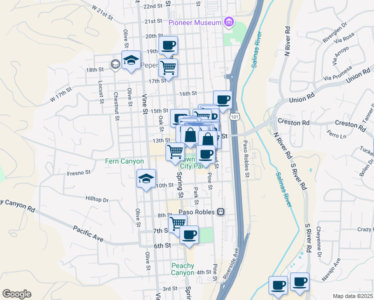 map of restaurants, bars, coffee shops, grocery stores, and more near 729 12th Street in Paso Robles