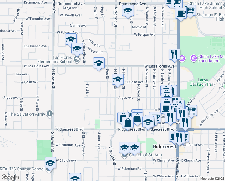 map of restaurants, bars, coffee shops, grocery stores, and more near 308 Peg Street in Ridgecrest