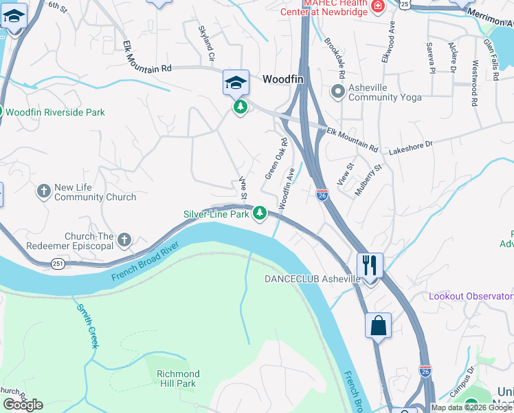 map of restaurants, bars, coffee shops, grocery stores, and more near 1050 Riverside Drive in Woodfin