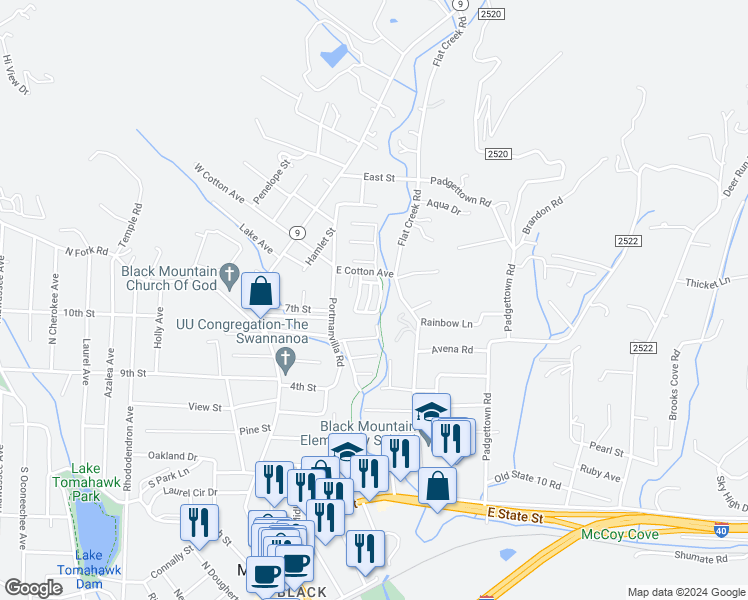 map of restaurants, bars, coffee shops, grocery stores, and more near 42 Cotton Creek Circle in Black Mountain