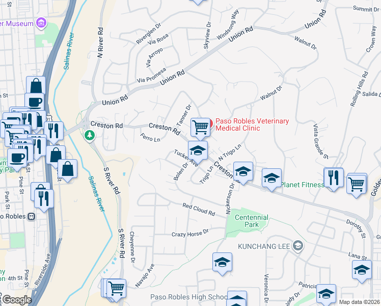 map of restaurants, bars, coffee shops, grocery stores, and more near 635 Bolen Drive in Paso Robles