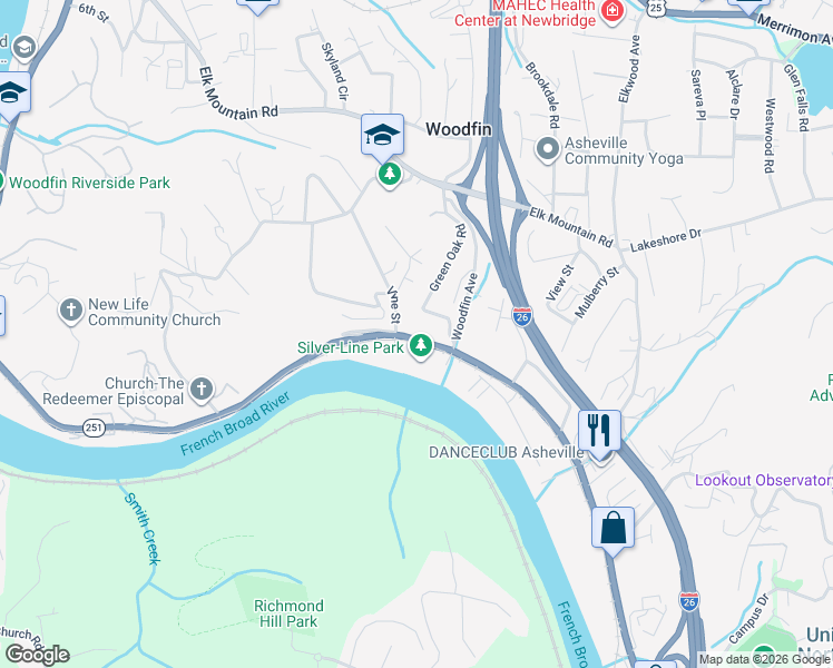 map of restaurants, bars, coffee shops, grocery stores, and more near 1050 Riverside Drive in Woodfin