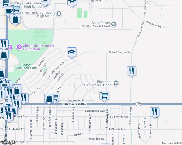 map of restaurants, bars, coffee shops, grocery stores, and more near 240 Chambers Street in Ridgecrest