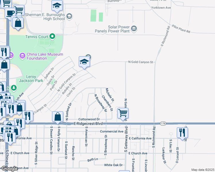map of restaurants, bars, coffee shops, grocery stores, and more near 729 North Sunland Drive in Ridgecrest