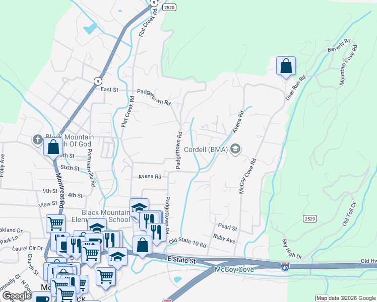 map of restaurants, bars, coffee shops, grocery stores, and more near 351 Avena Road in Black Mountain