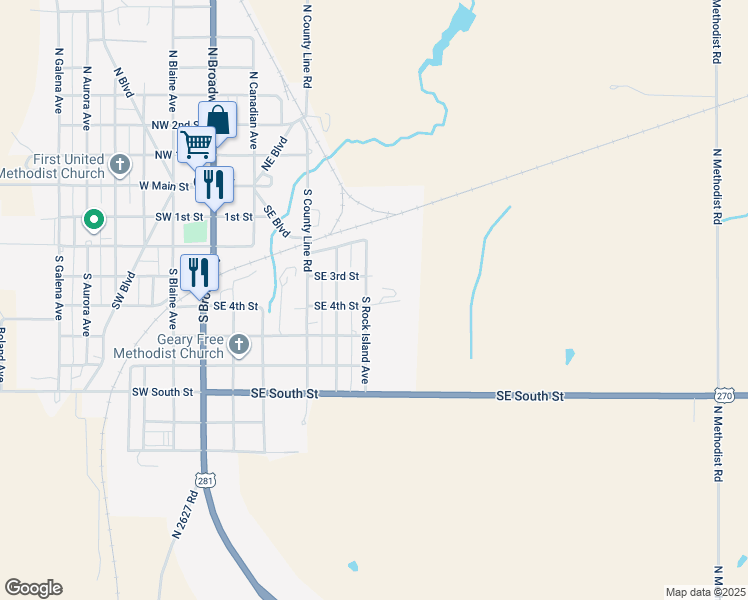 map of restaurants, bars, coffee shops, grocery stores, and more near 500 South Rock Island Avenue in Geary